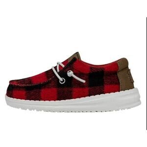 Hey Dude‎ Wally Boys Shoes Size 1 Red Buffalo Plaid Comfy Elastic Laces NEW
